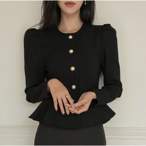 Ode Faux Tweed Peplum Gold Pearl Black Longsleeve Blouse